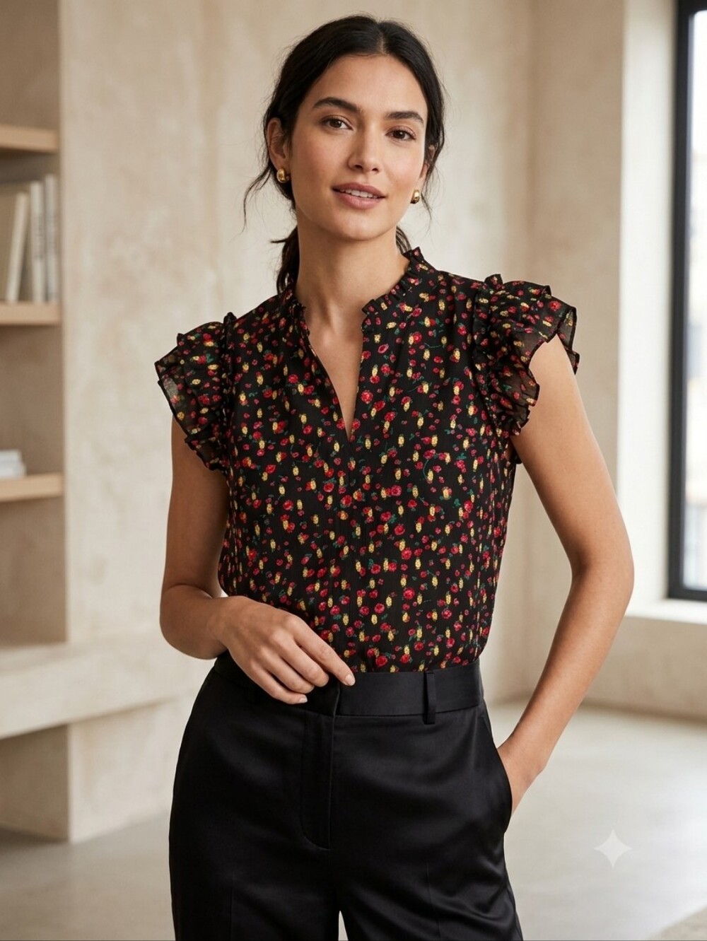 J.Crew Viscose Black Floral Ruffleneck Flutter‑Sleeve Evening Blouse Size M